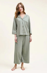 The Olivia Wide Leg Pima Pajama Set in Sage