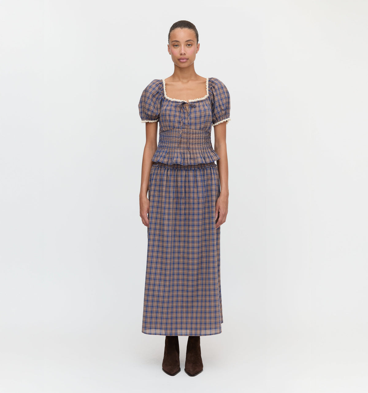 The Delphine Nap Skirt in Brown Spencer Plaid