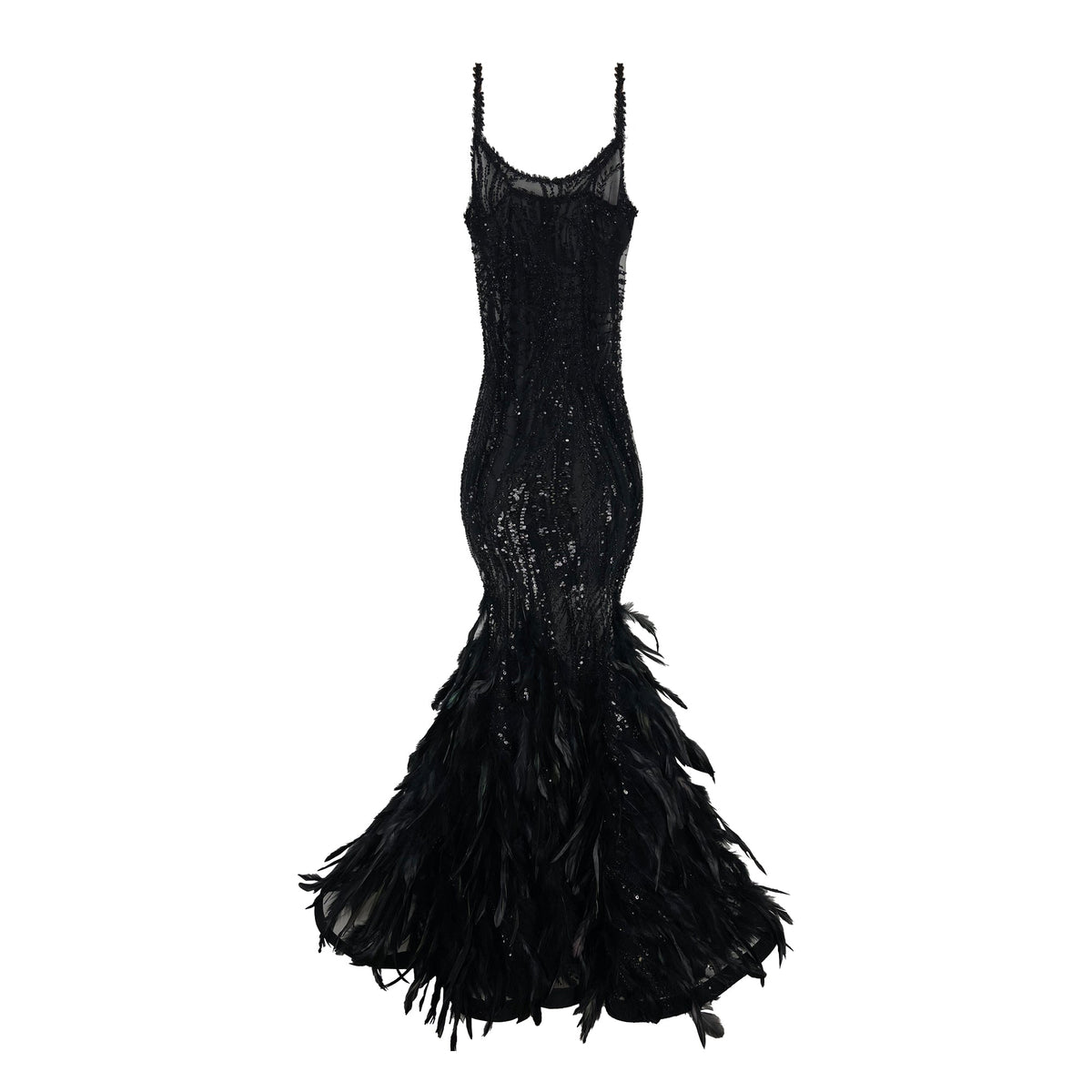 Front view of Phoenix Feather Dress, fitted black mermaid gown with sequin beading, sheer straps and feather hem on white