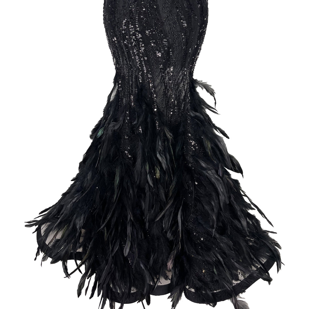 designer dress with feathers Elegant Yellow Sequin Evening Gown with Feather Off-Shoulder Design