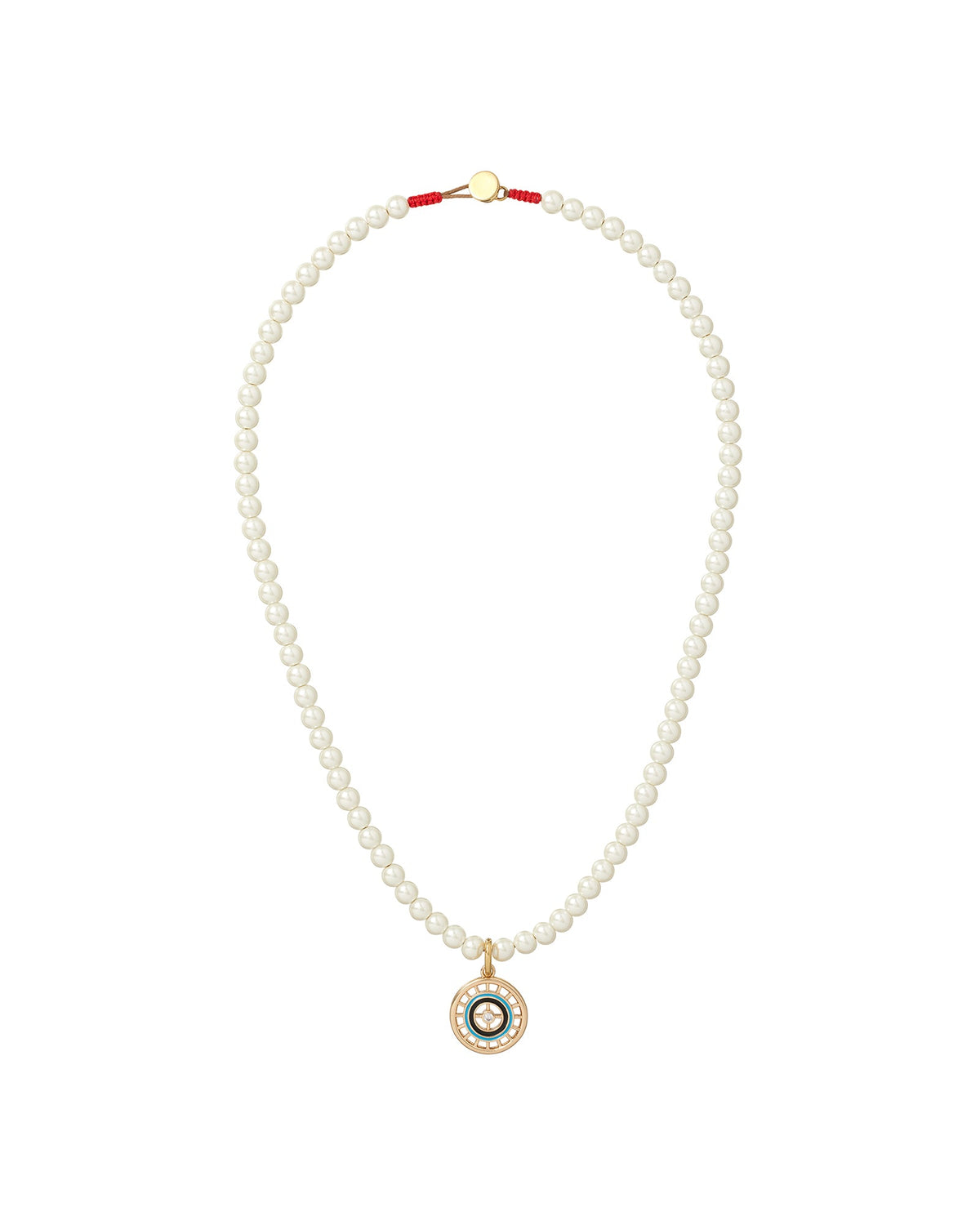 Front view of Pearl & Protect Charm Necklace showcasing glass pearl beads, protective charm, and button closure on white background