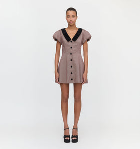 The Samantha Dress in Burgundy Holmes Houndstooth