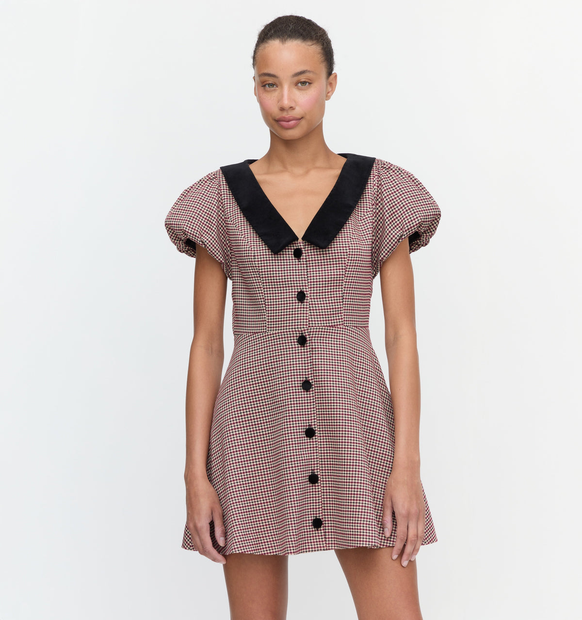 The Samantha Dress in Burgundy Holmes Houndstooth