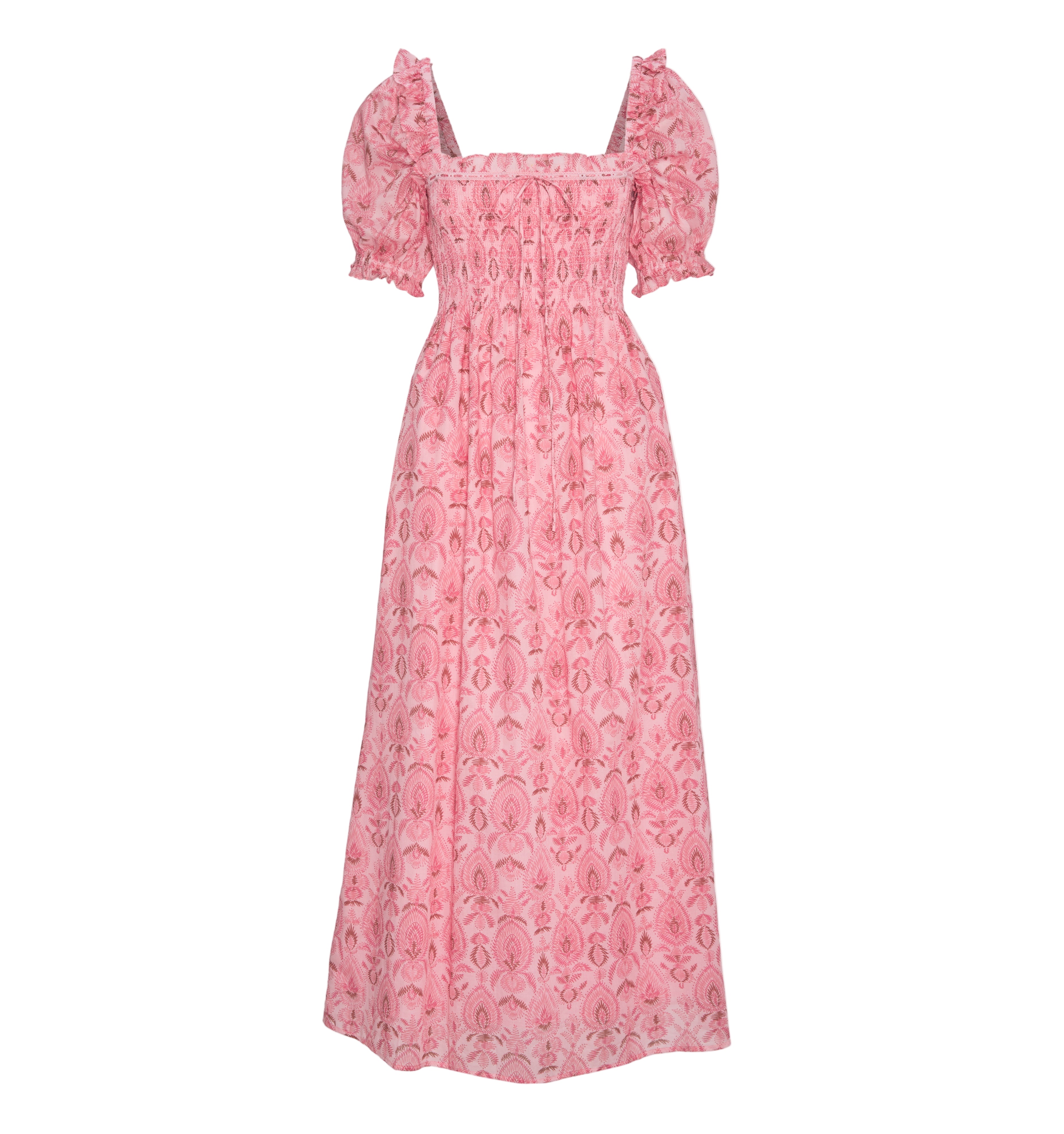 The Scarlett Midi Nap Dress in Pink Palm Ikat