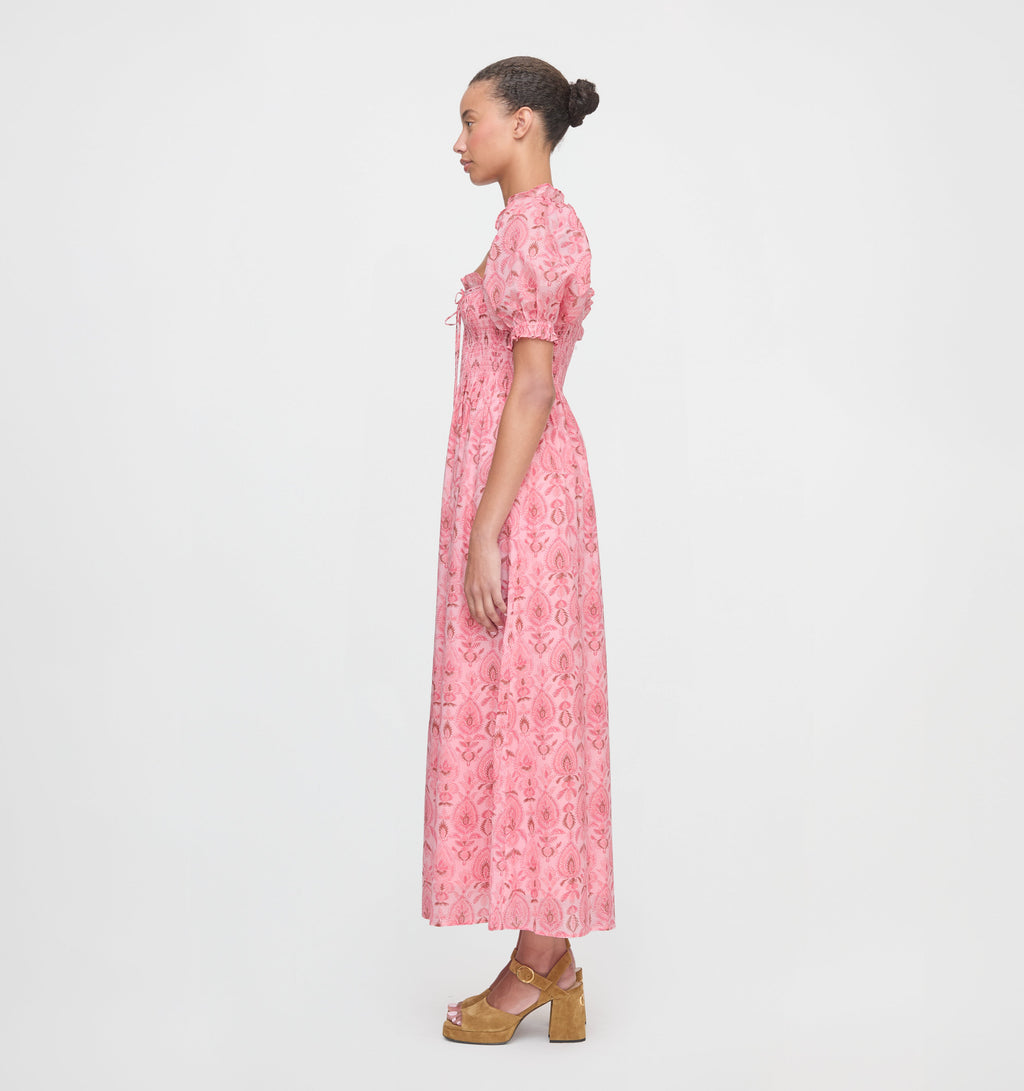 The Scarlett Midi Nap Dress in Pink Palm Ikat