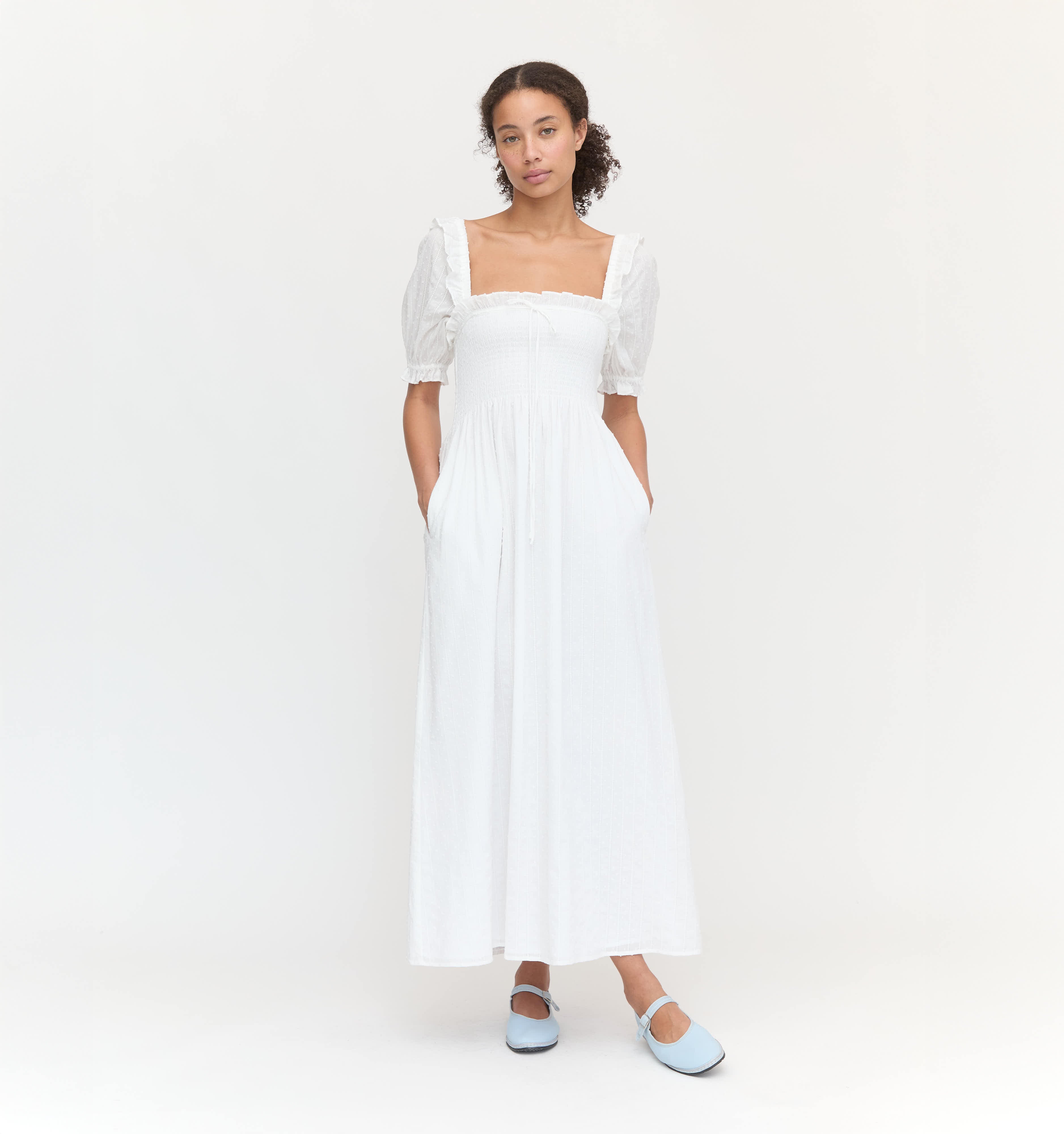 The Scarlett Nap Dress in White Linear Swiss Dot