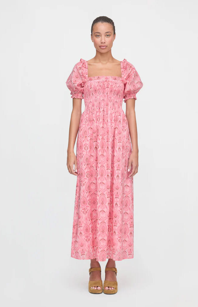 The Scarlett Midi Nap Dress in Pink Palm Ikat