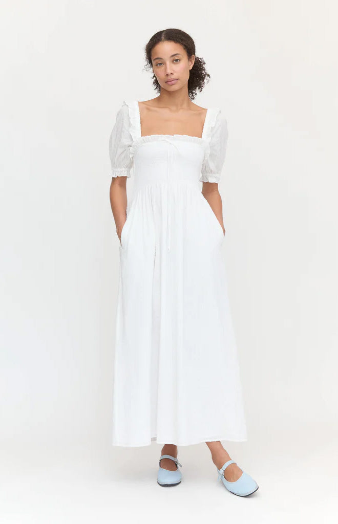 The Scarlett Nap Dress in White Linear Swiss Dot