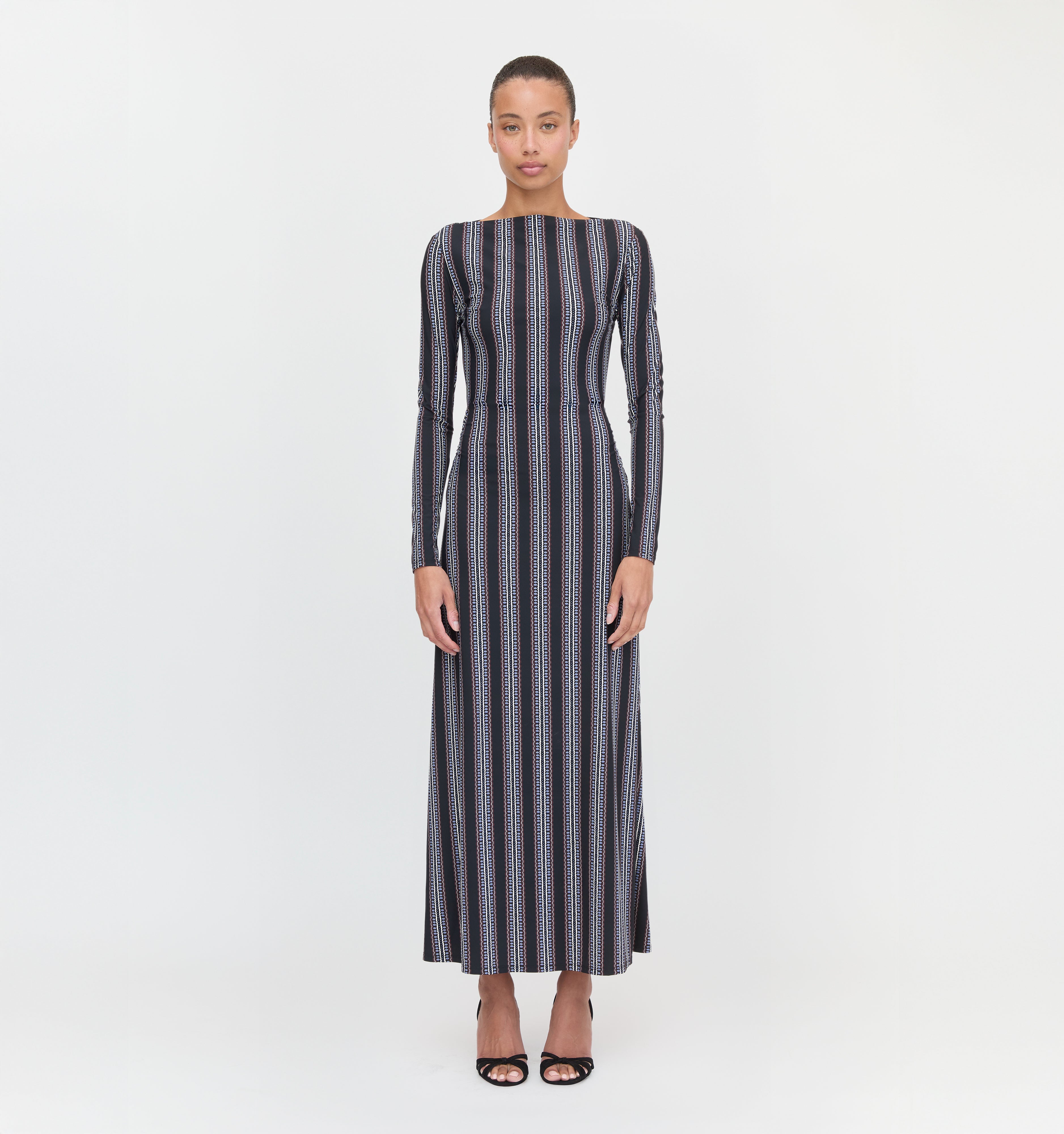 The Selene Dress in Black Cobalt Medallion Stripe