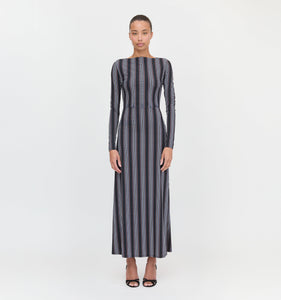 The Selene Dress in Black Cobalt Medallion Stripe