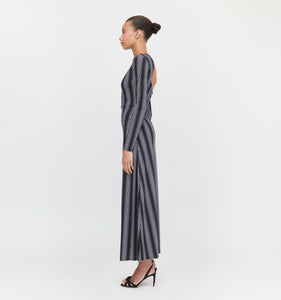 The Selene Dress in Black Cobalt Medallion Stripe