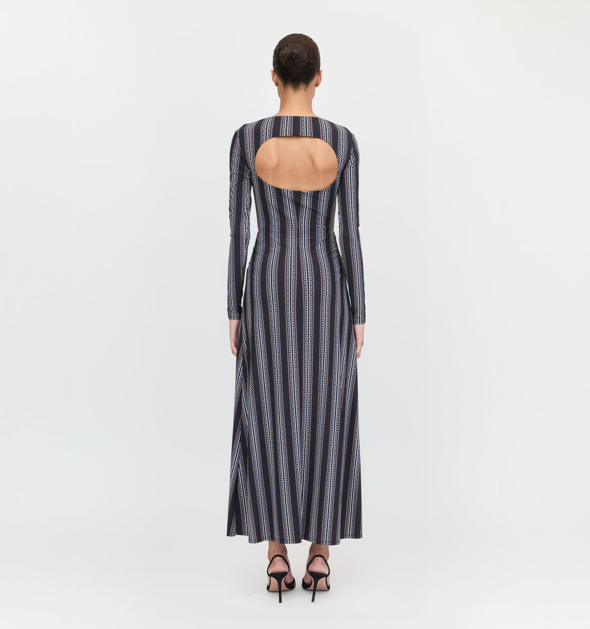 The Selene Dress in Black Cobalt Medallion Stripe