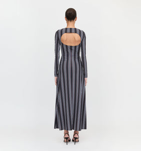 The Selene Dress in Black Cobalt Medallion Stripe