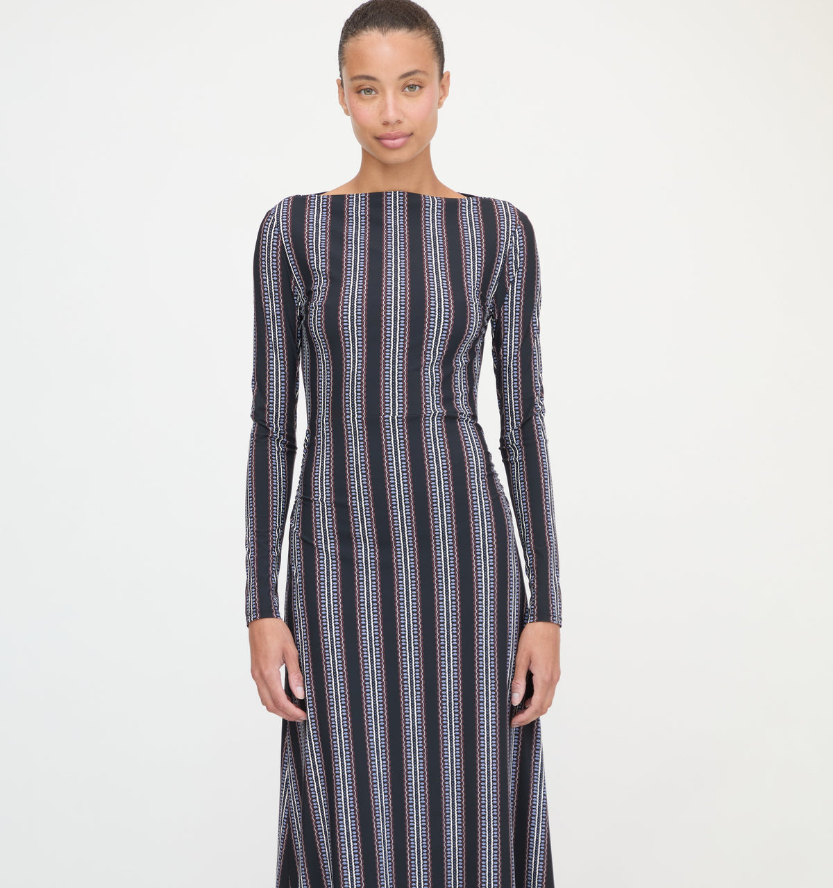 The Selene Dress in Black Cobalt Medallion Stripe