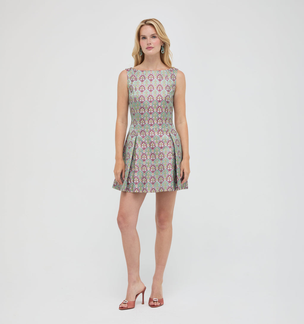 The Shayla Dress in Brocade Diamond Block Berry/Green