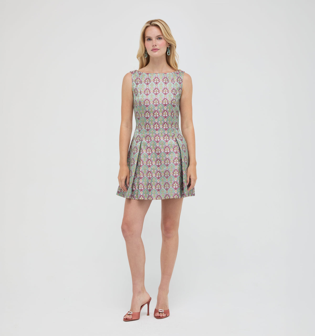 The Shayla Dress in Brocade Diamond Block Berry/Green