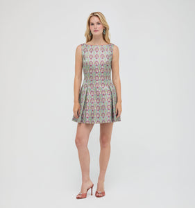 The Shayla Dress in Brocade Diamond Block Berry/Green