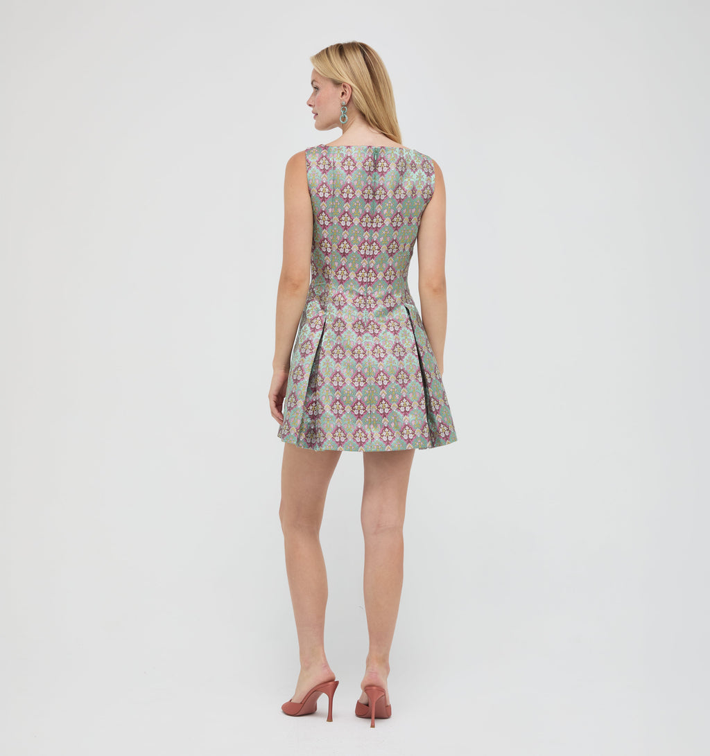 The Shayla Dress in Brocade Diamond Block Berry/Green