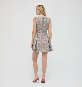 The Shayla Dress in Brocade Diamond Block Berry/Green