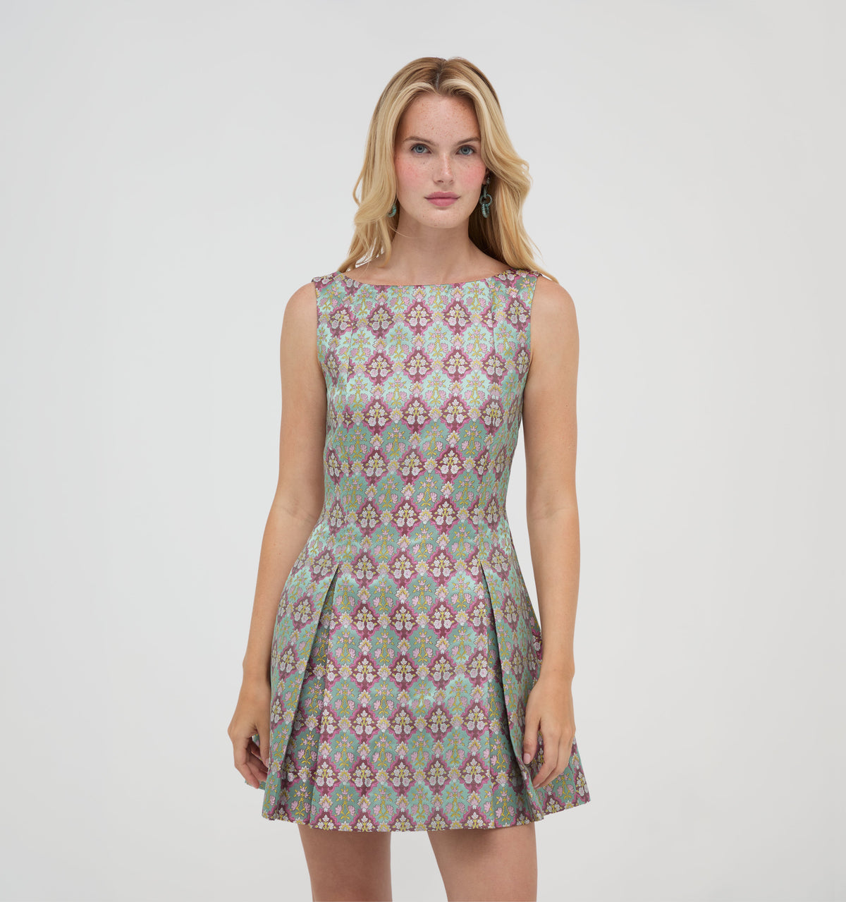 The Shayla Dress in Brocade Diamond Block Berry/Green