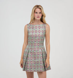 The Shayla Dress in Brocade Diamond Block Berry/Green