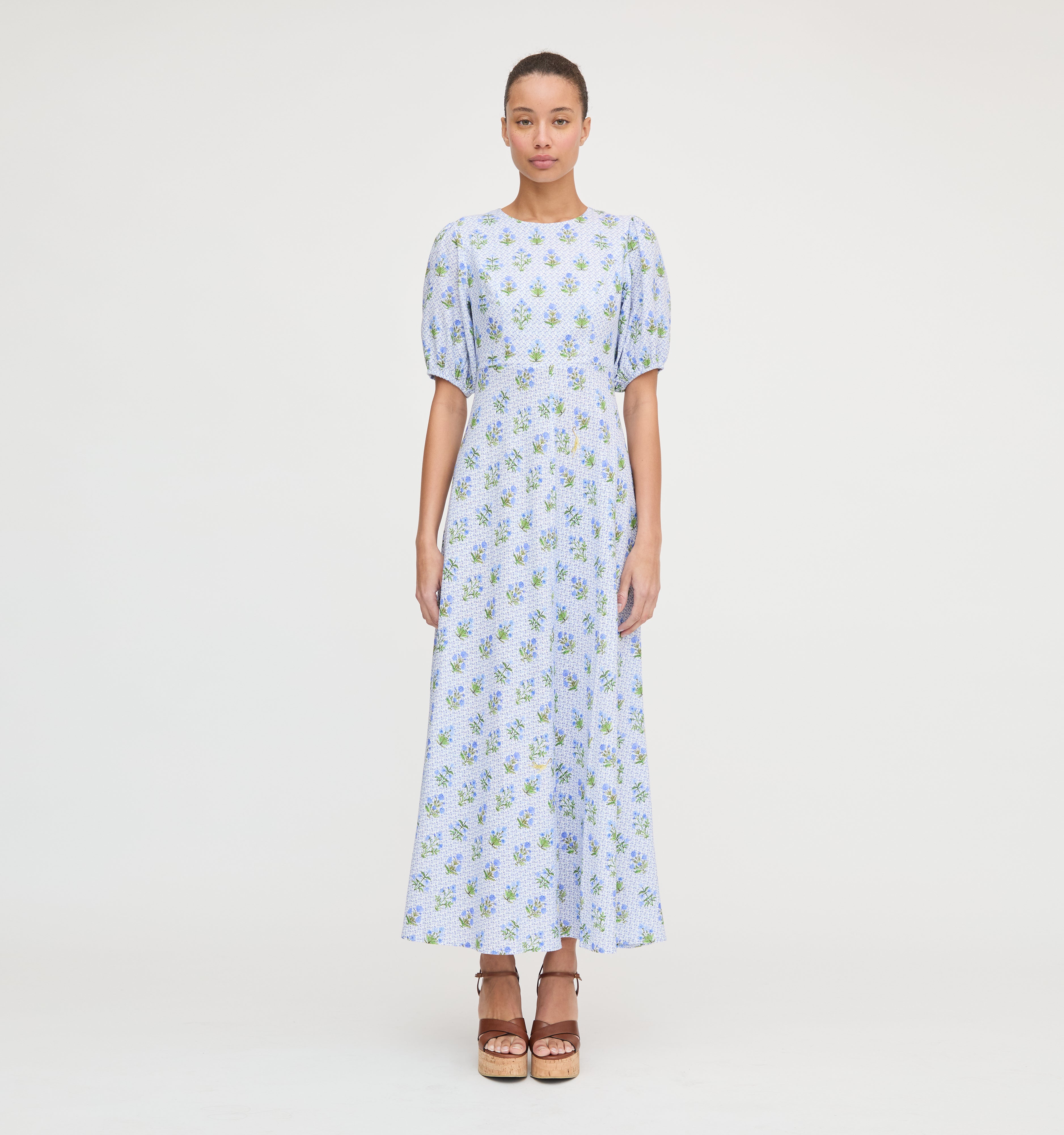 The Short Sleeve Nadia Dress in Blue Block Print