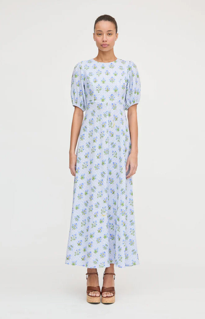 The Short Sleeve Nadia Dress in Blue Block Print