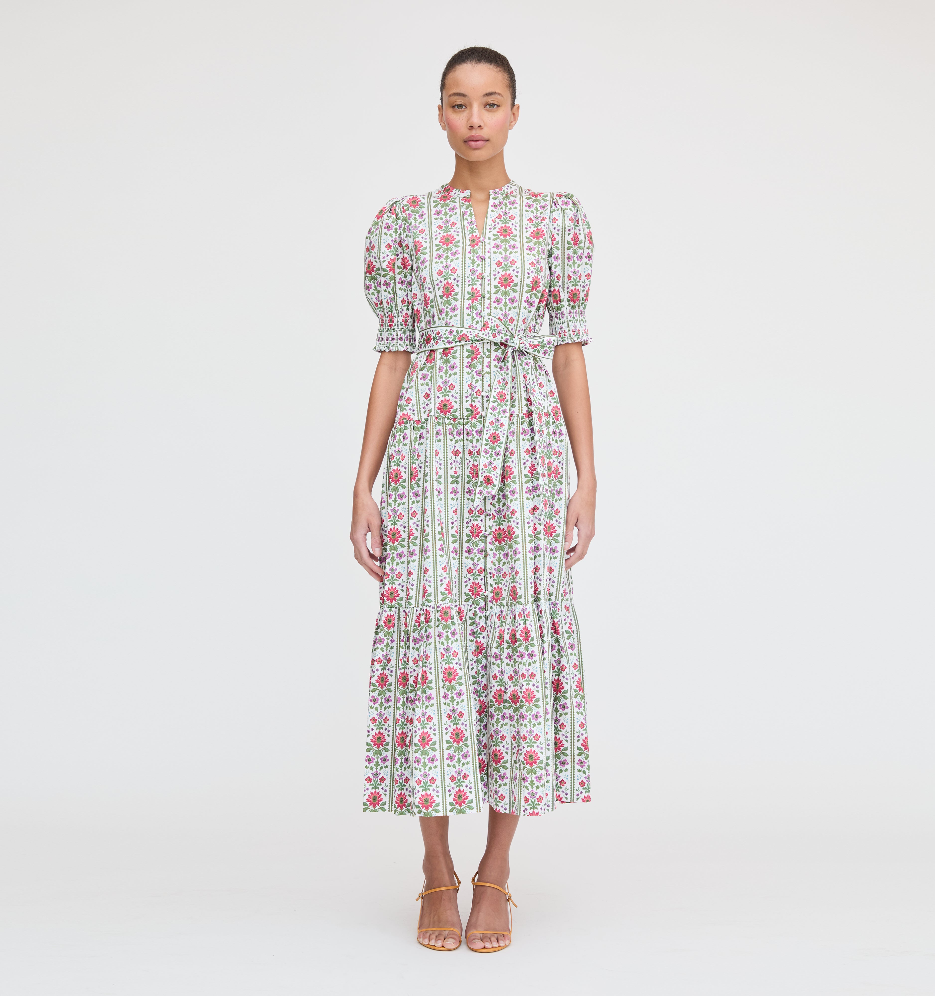 The Yara Dress in Green Floral Block Stripe