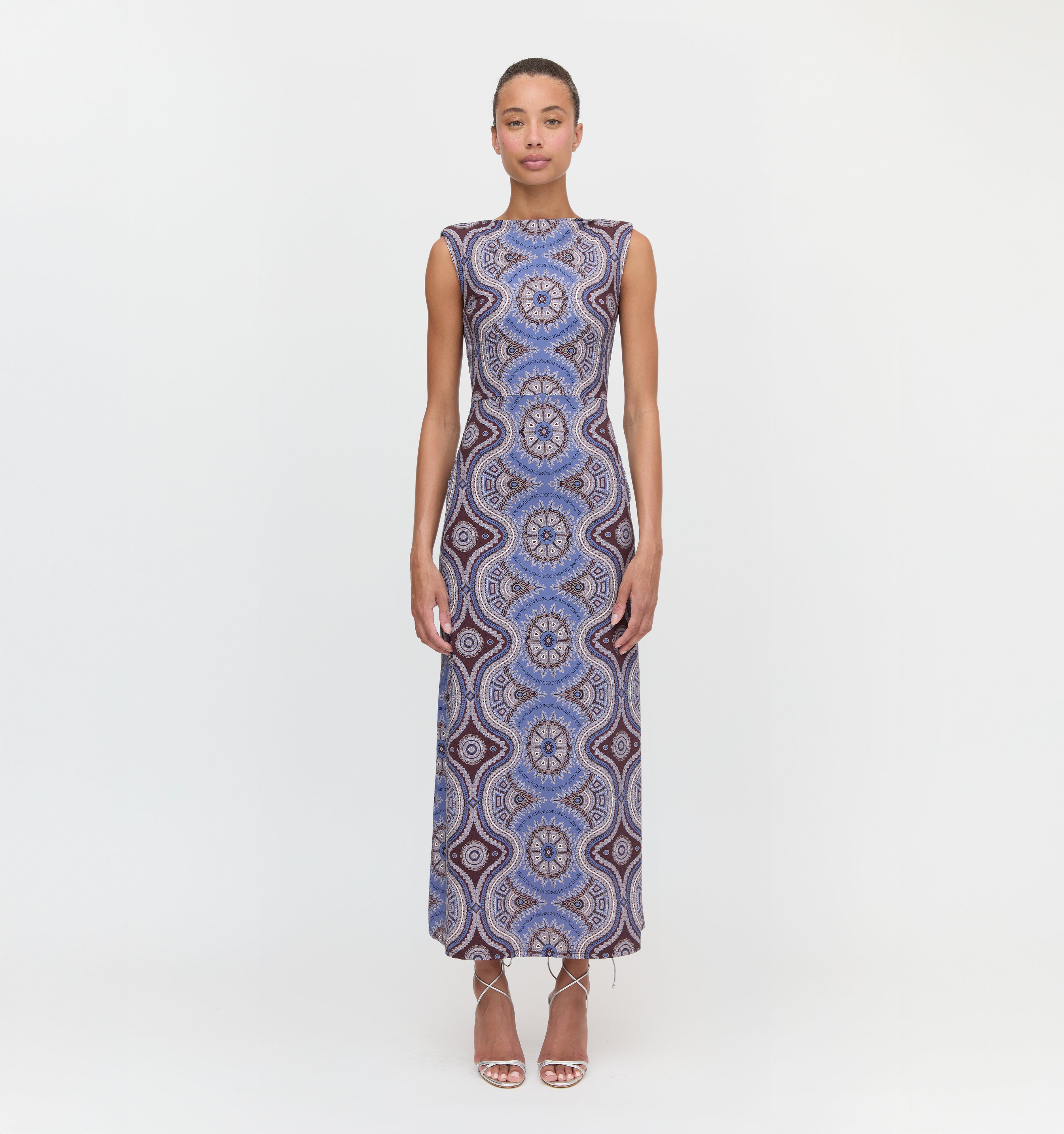 The Sloane Dress in Brown Cobalt Medallion