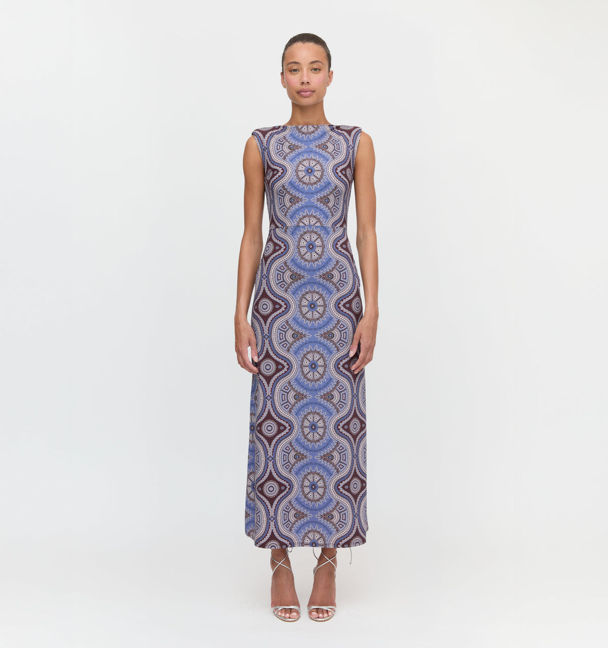 The Sloane Dress in Brown Cobalt Medallion