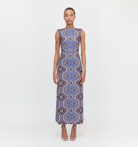 The Sloane Dress in Brown Cobalt Medallion