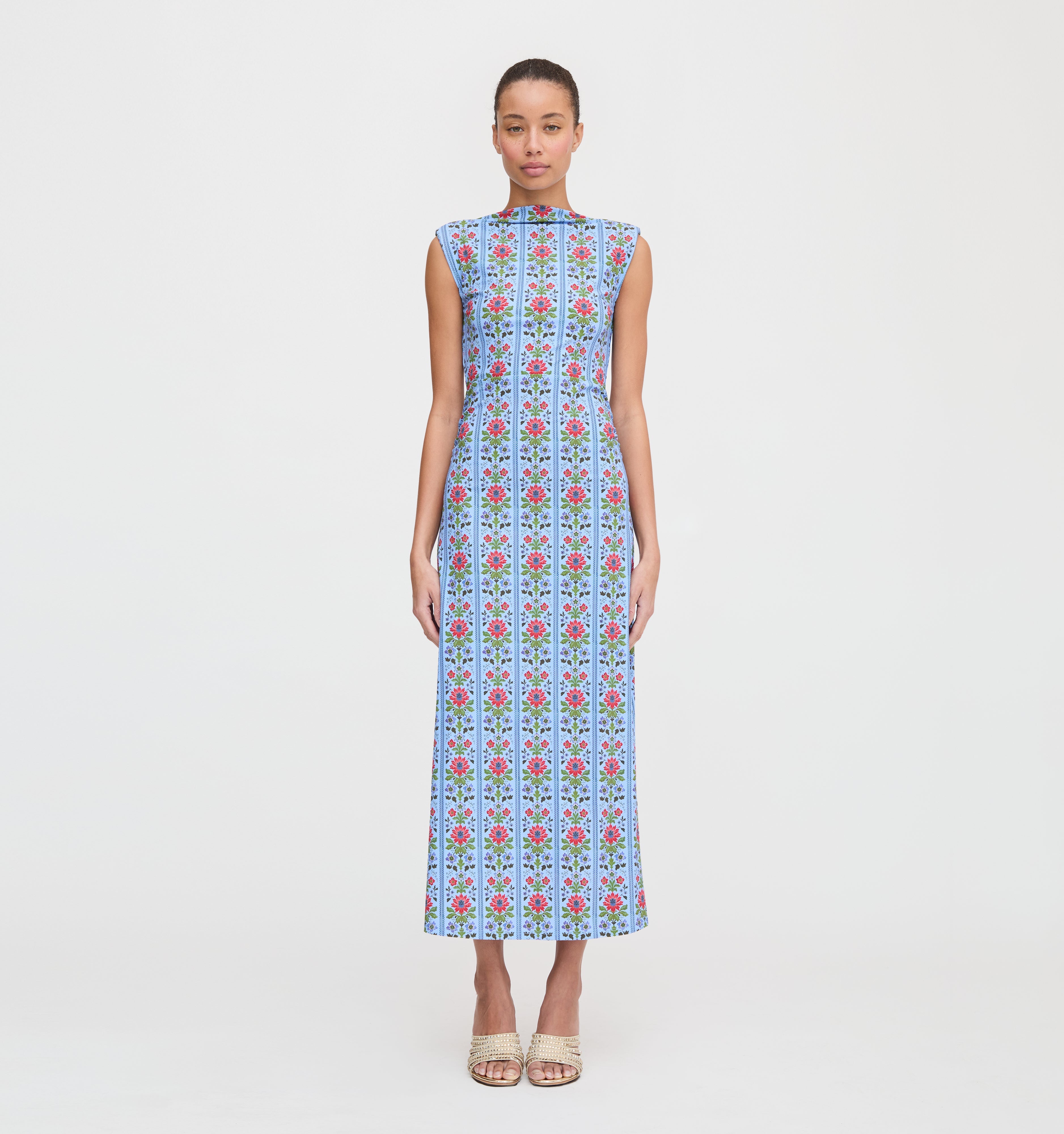The Sloane Dress in Blue Floral Block Stripe Jersey