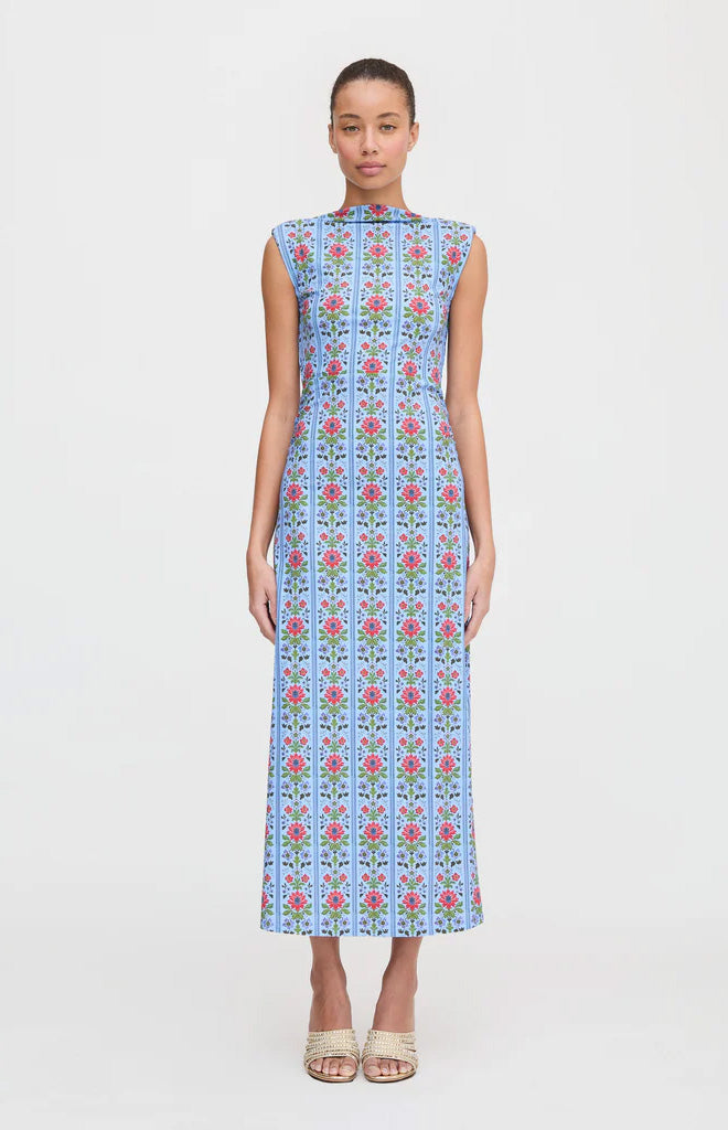 The Sloane Dress in Blue Floral Block Stripe Jersey