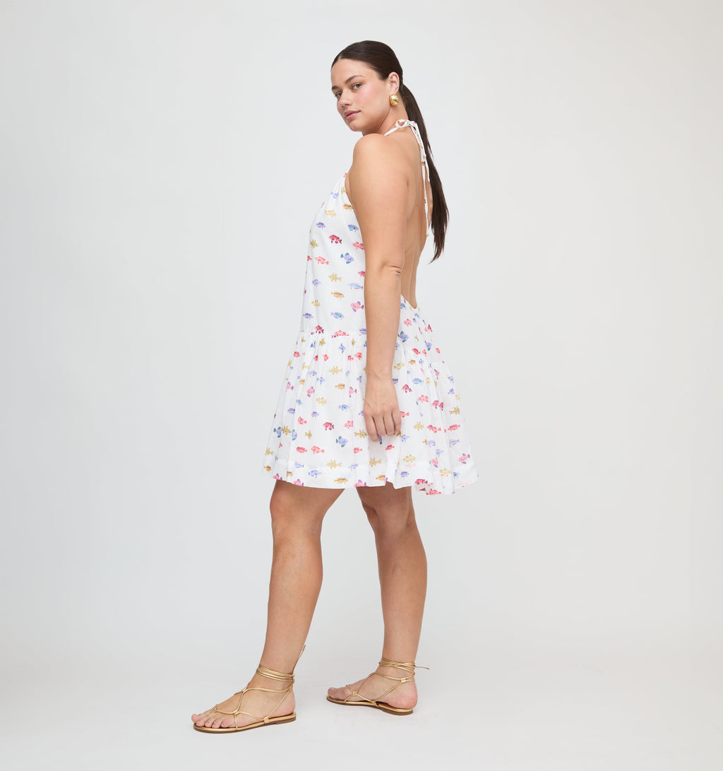 The Sol Tunic Dress in White Rainbow Fish