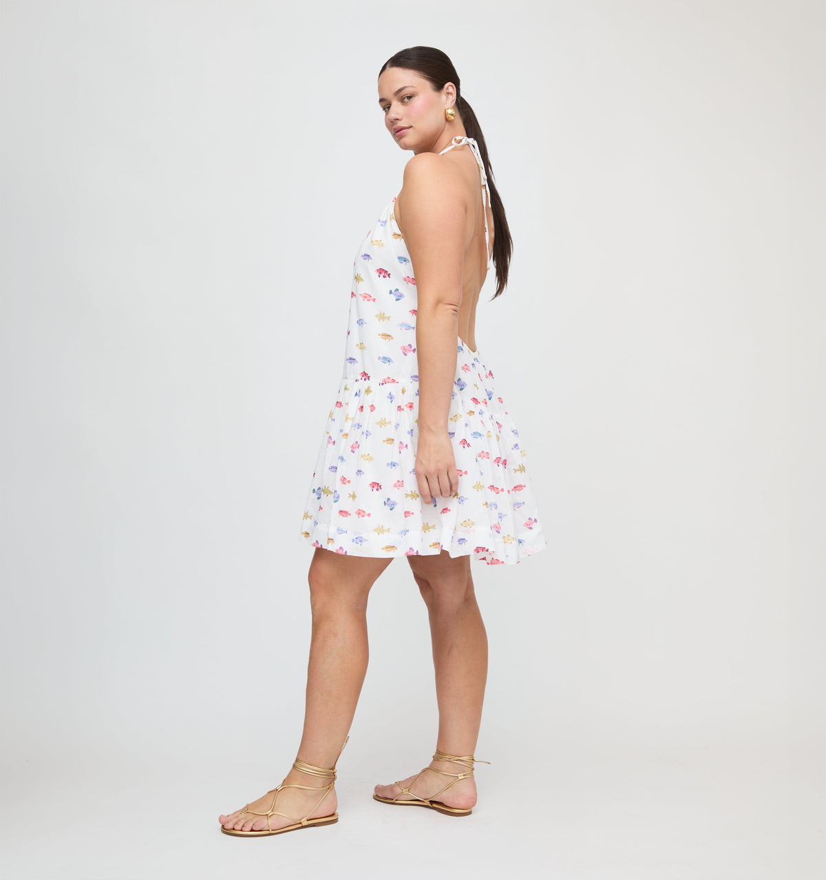 The Sol Tunic Dress in White Rainbow Fish