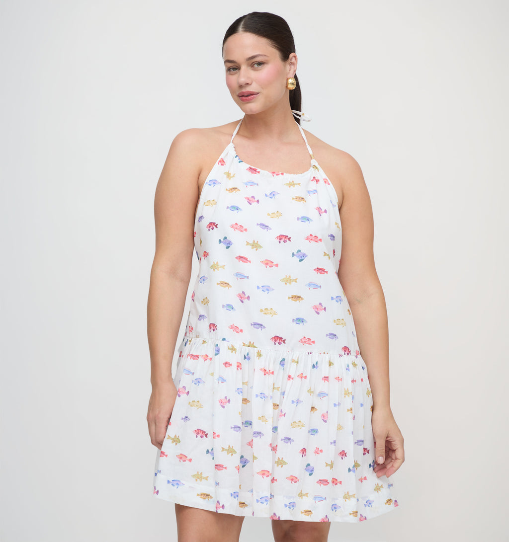 The Sol Tunic Dress in White Rainbow Fish