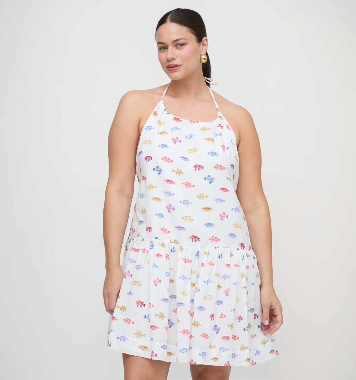 The Sol Tunic Dress in White Rainbow Fish