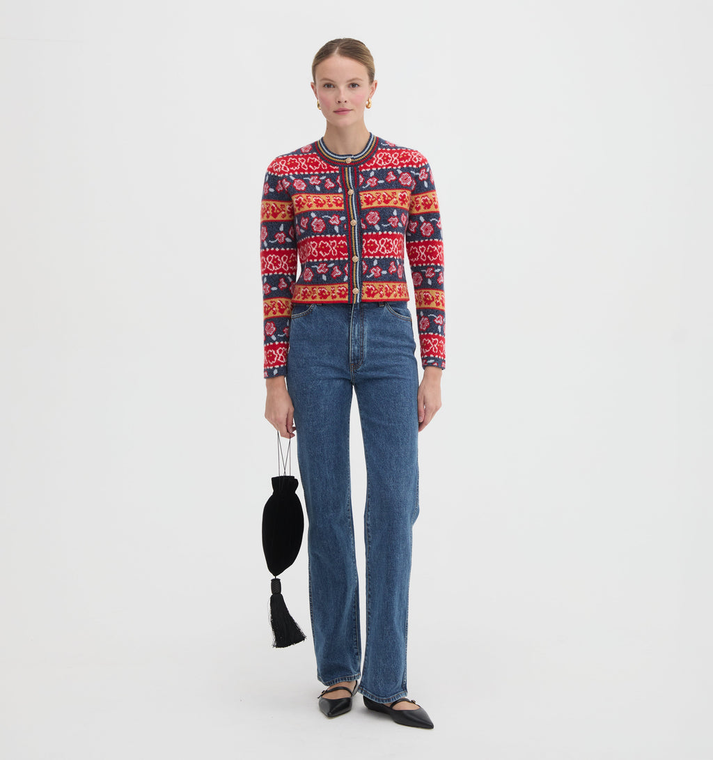 The Sonnet Cardigan in Lech Floral Stripe Red