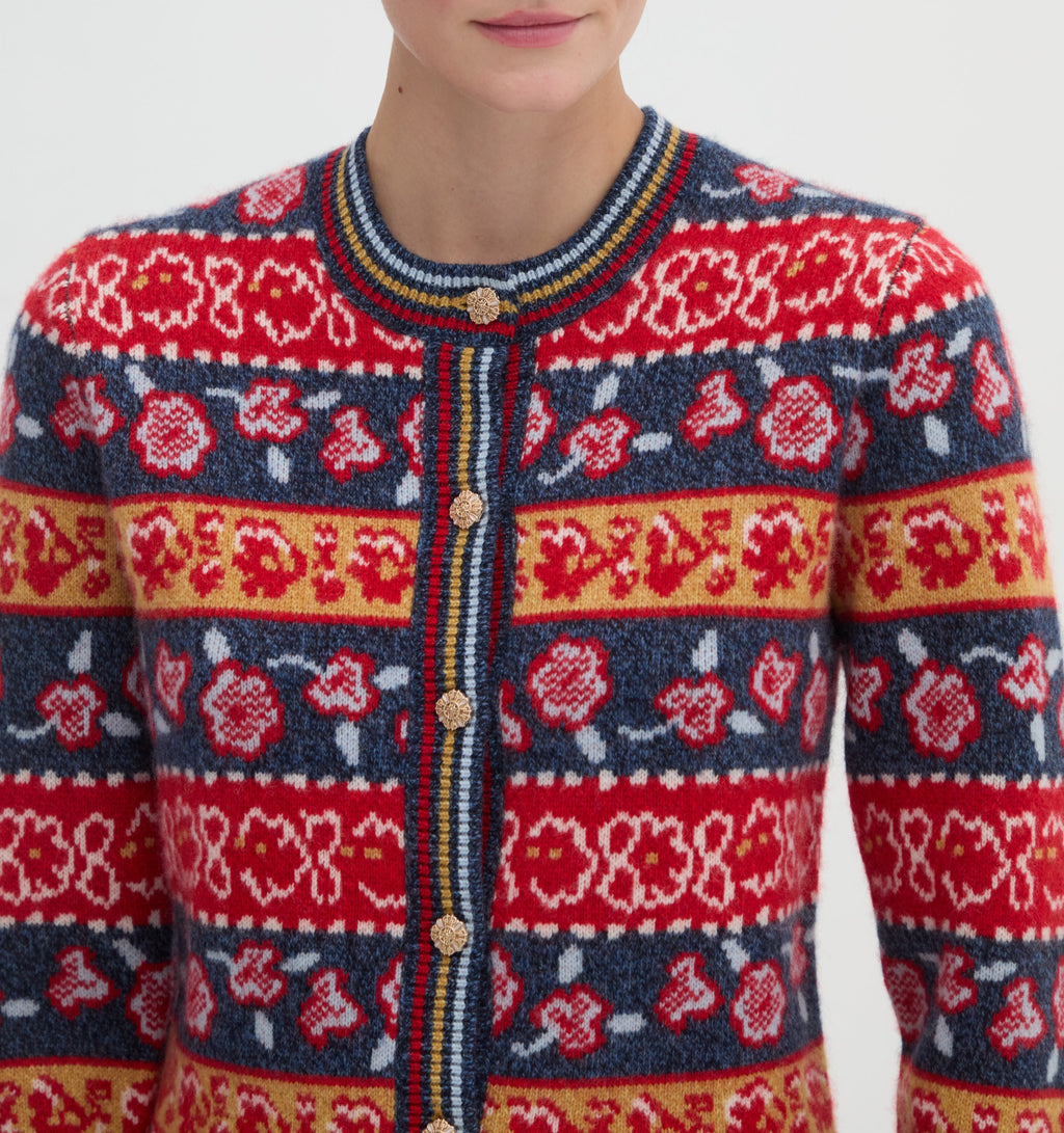 The Sonnet Cardigan in Lech Floral Stripe Red