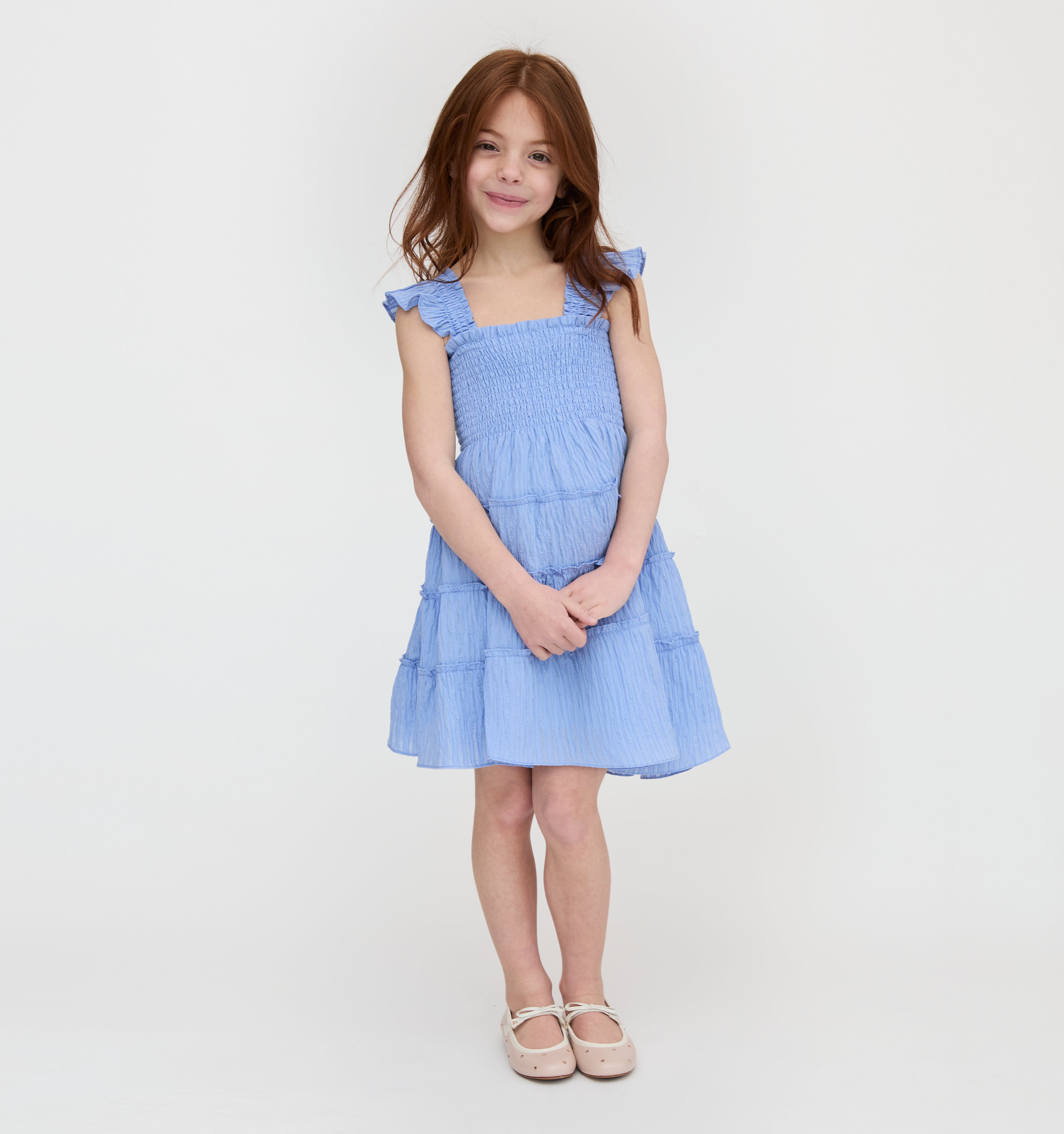 The Tiny Ellie Nap Dress in Bluebird Tonal Seersucker