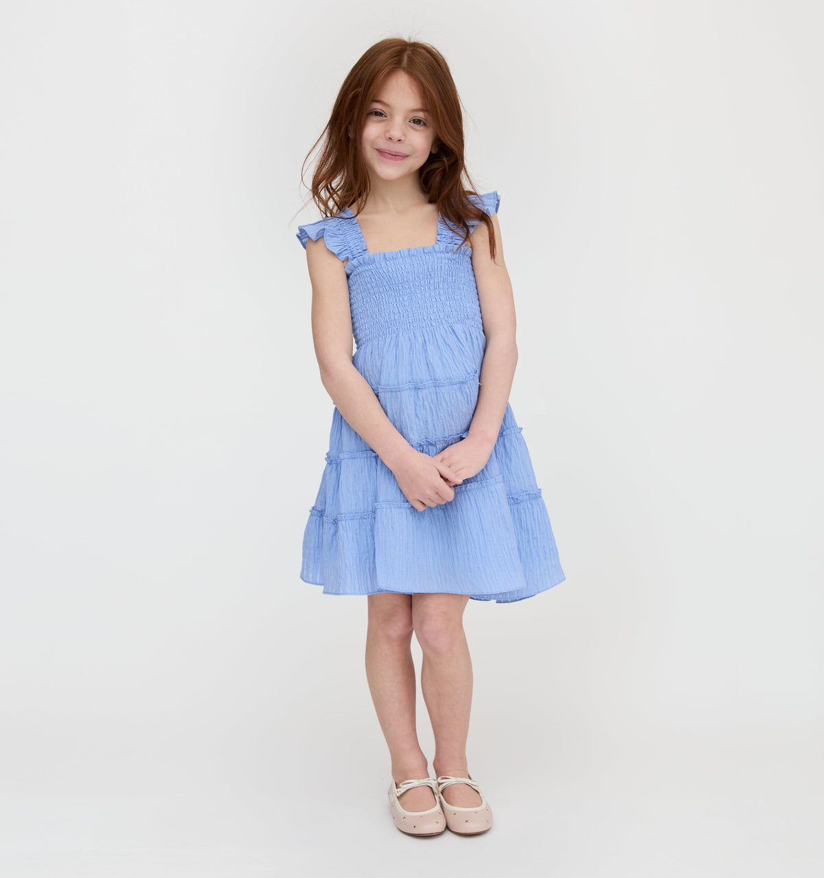 The Tiny Ellie Nap Dress in Bluebird Tonal Seersucker