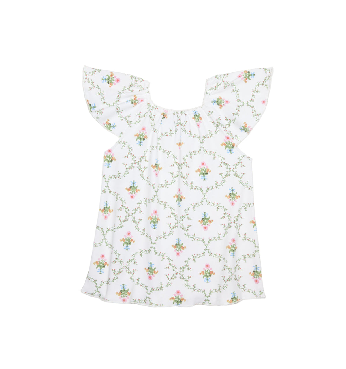 Front view of The Tiny Keira Dress in Pastel Trellis showcasing flutter ruffle sleeves and smocked bodice on white background