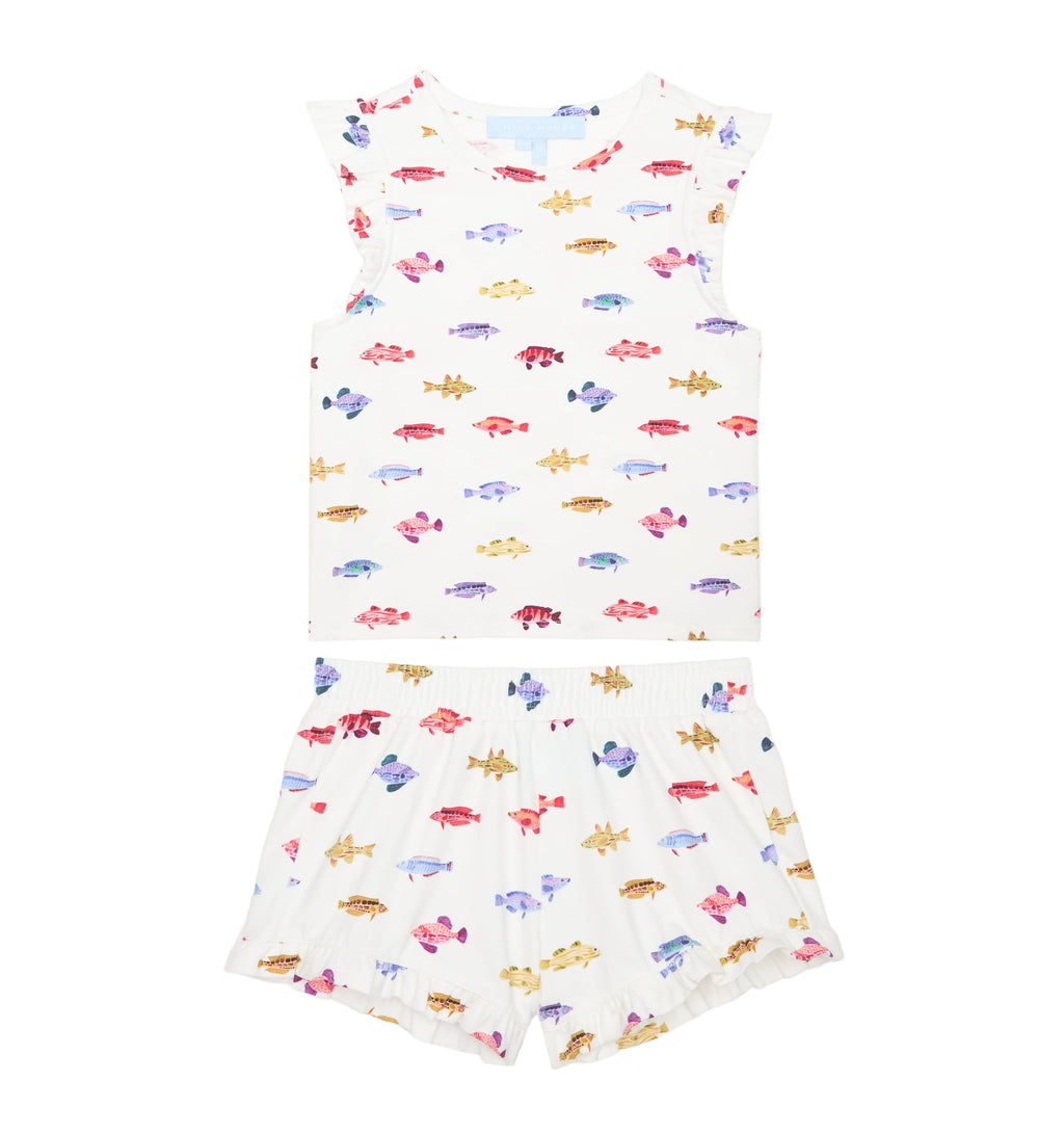 The Baby Lala Short Set in White Rainbow Fish