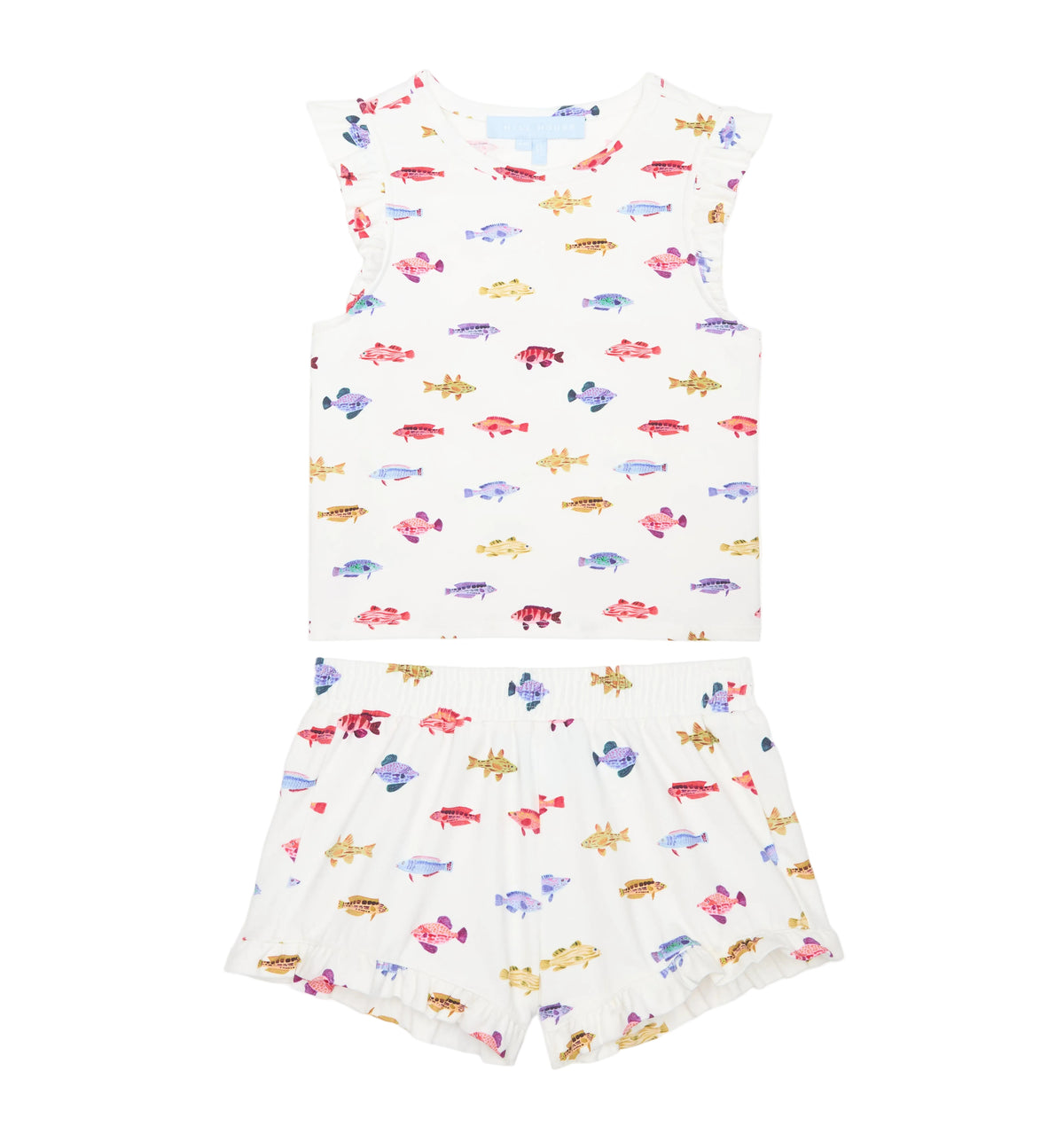 Flat lay of The Tiny Lala Short Set in White Rainbow Fish with ruffled short sleeve top and elastic waist shorts
