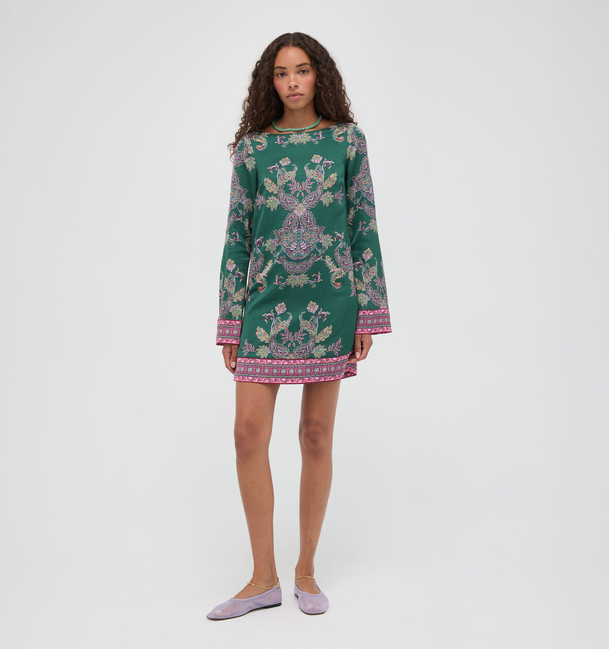 The Long Sleeve Viola Dress in Windsor Paisley Emerald Green