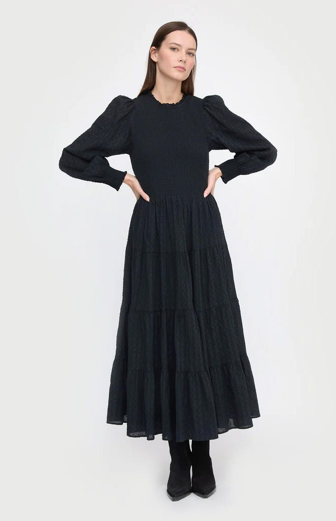 The Viviana Nap Dress in Black Linear Swiss Dot