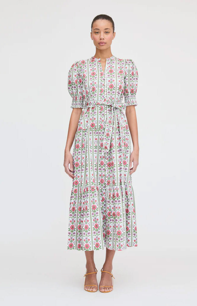 The Yara Dress in Green Floral Block Stripe