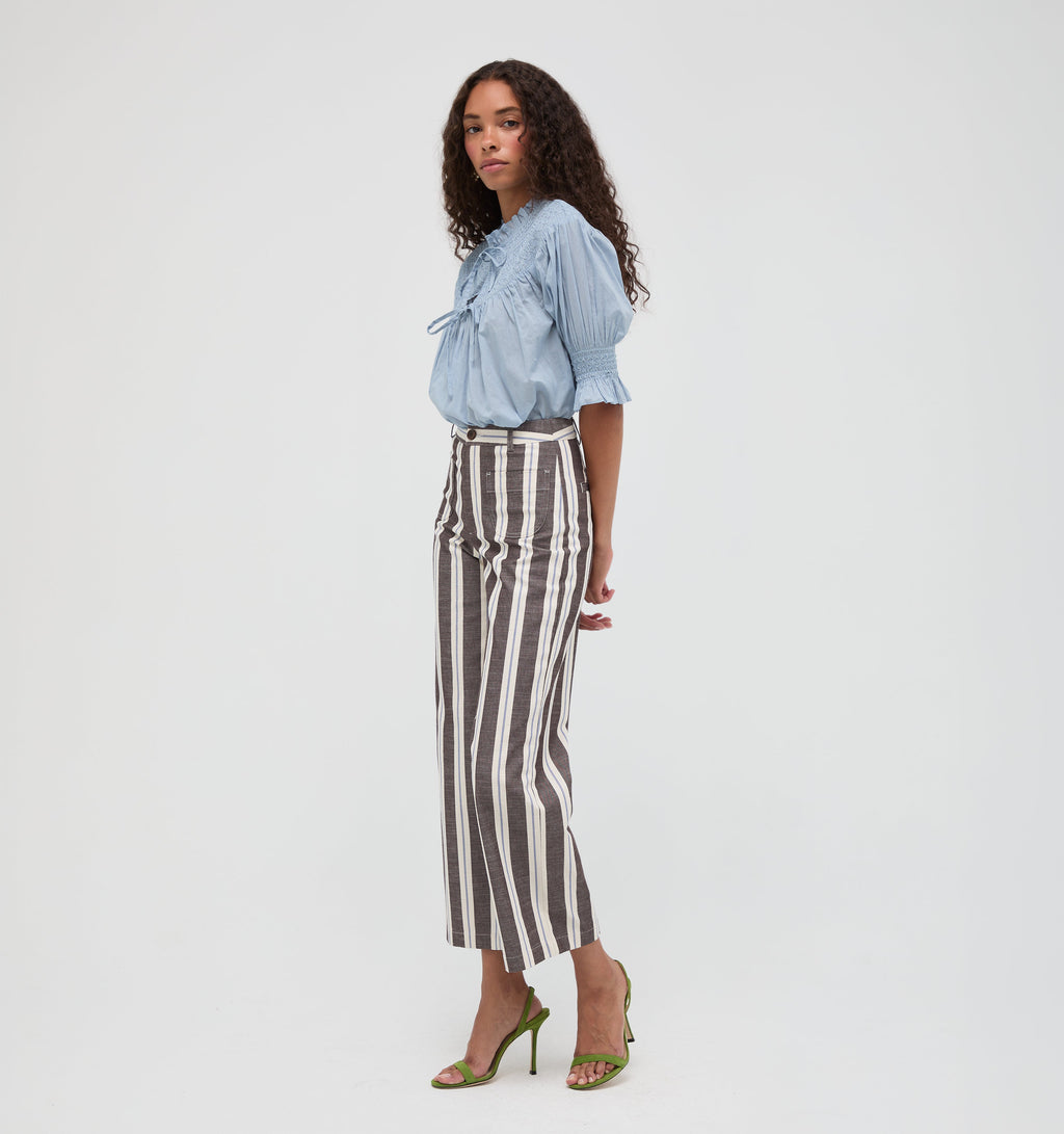 The Mindy Pant in Coln Ticking Stripe Chocolate