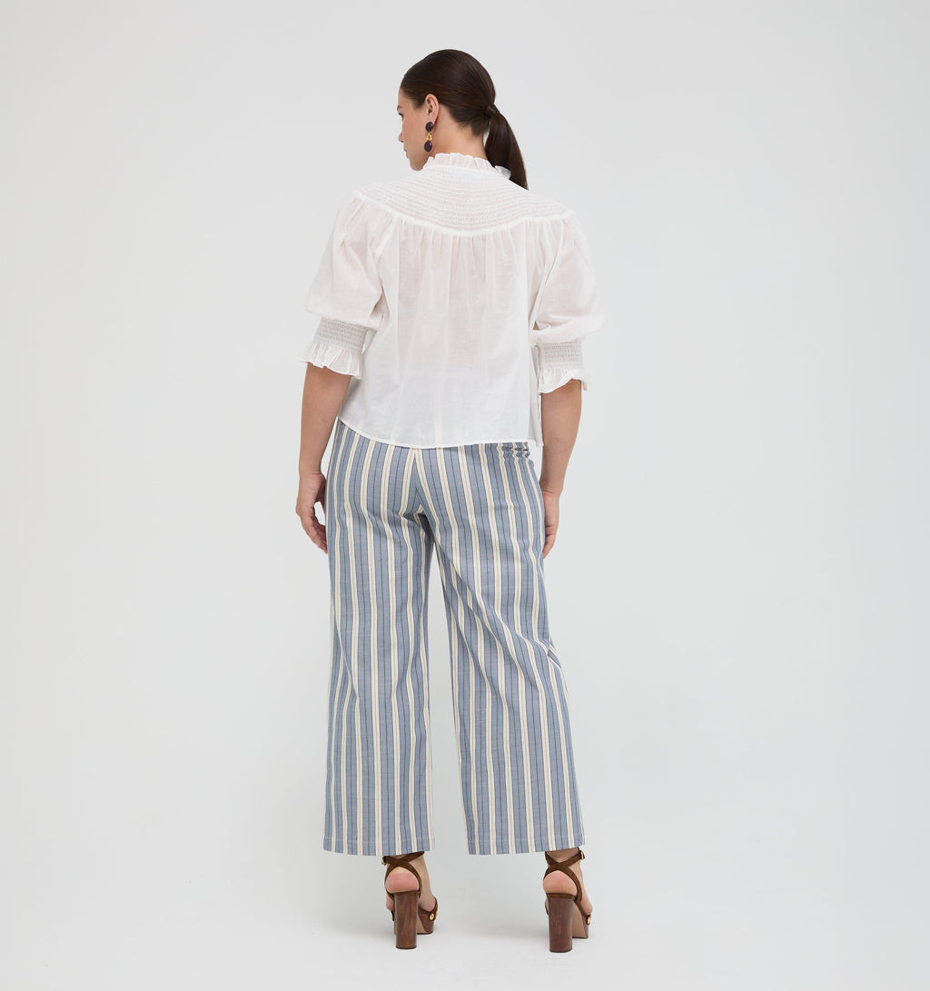 The Mindy Pant in Coln Ticking Stripe Dusty Blue
