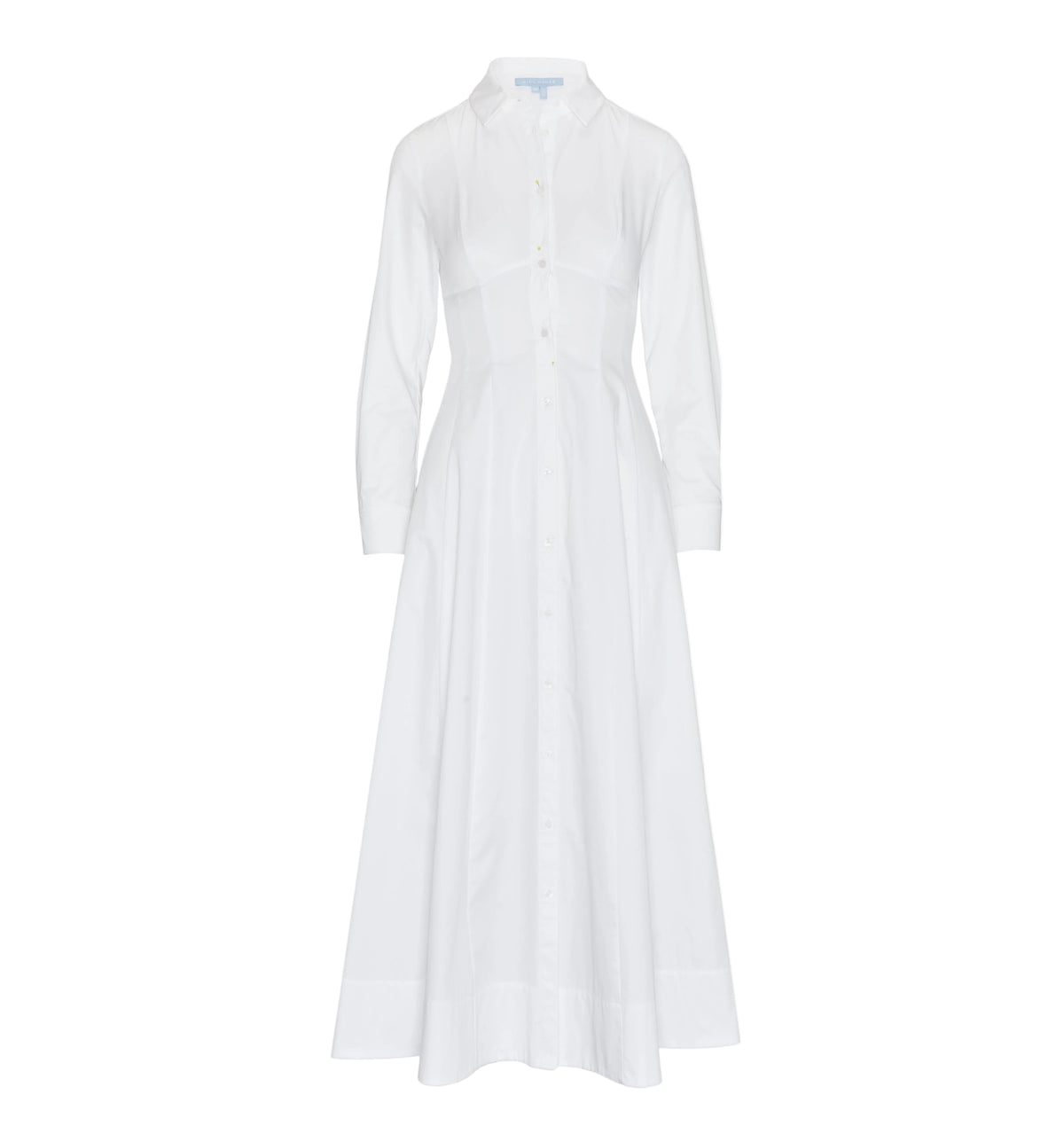 Front view of The Alandra Dress in White showcasing its structured bodice, defined waist, button placket and pointed collar on a white background